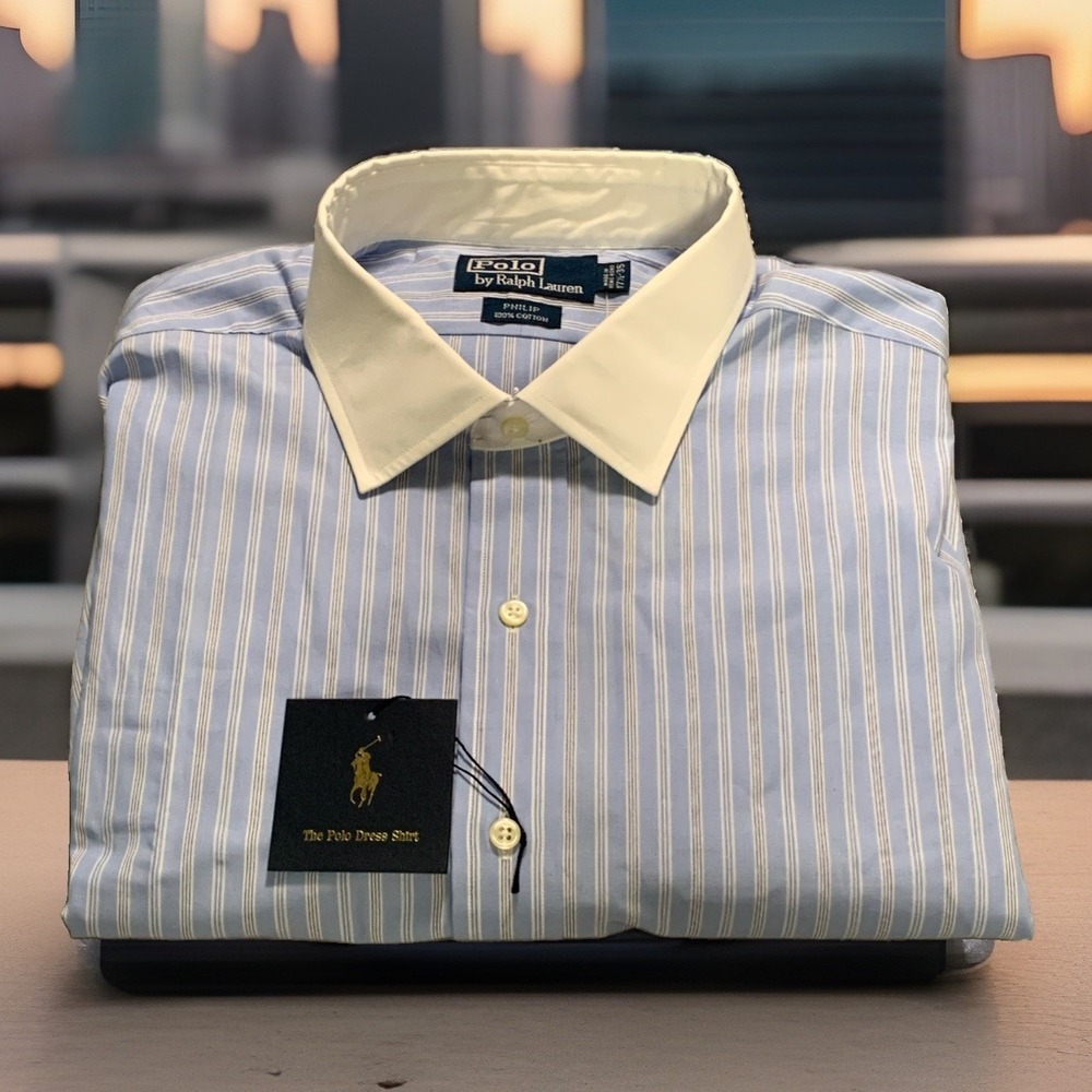 VTG Polo Ralph Lauren Philip Dress Shirt NWT 17.5 35 Blue Stripe French Cuff
